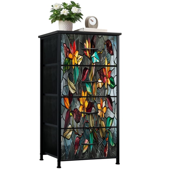 Stained Glass Style Dresser for Bedroom with 4 Storage Drawers Flower Vine dark Dressers Chest of Drawers Steel Framed Fabric Closet Organizers for Nursery Entryway Housewarming Gift