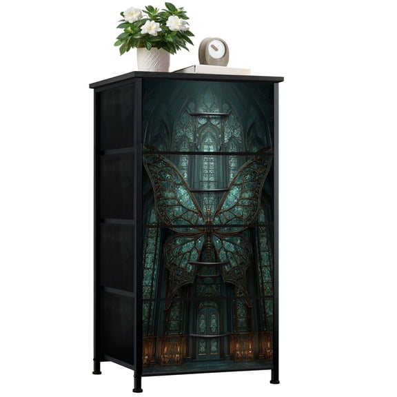 Stained Glass Style Dresser for Bedroom with 4 Storage Drawers Gothic Butterfly Emerald Burgundy Stained Glass Design Dressers Chest of Drawers Steel Framed Fabric Closet Organizers for Entryway