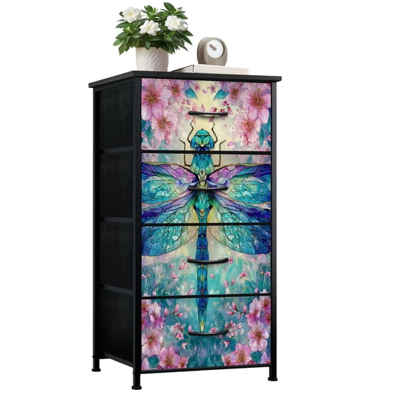 Stained Glass Style Dresser for Bedroom with 4 Storage Drawers Intricate Dragonfly Turquoise LavenderBlooms Dressers Chest of Drawers Steel Framed Fabric Closet Organizers for Dorm Entryway Mom