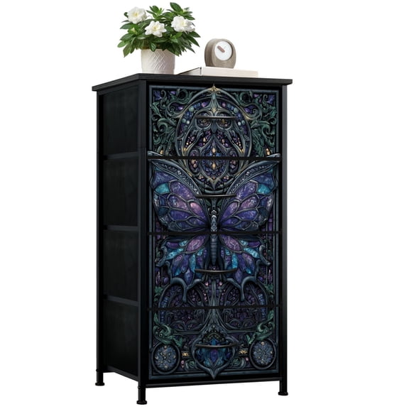 Stained Glass Style Dresser for Bedroom with 4 Storage Drawers Medieval Gothic Butterfly Obsidian Amethyst Glass Dressers Chest of Drawers Steel Framed Fabric Closet Organizers for Entryway