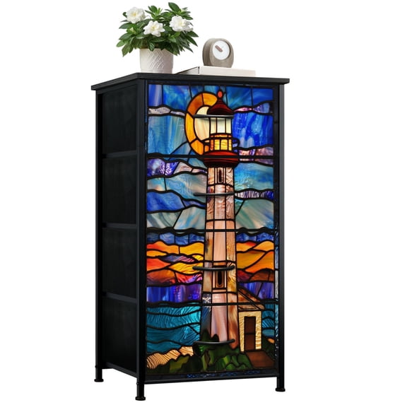 Stained Glass Style Dresser for Bedroom with 4 Storage Drawers Nautical Lighthouse sunset Dressers Chest of Drawers Steel Framed Fabric Closet Organizers for Nursery Entryway Housewarming Gift