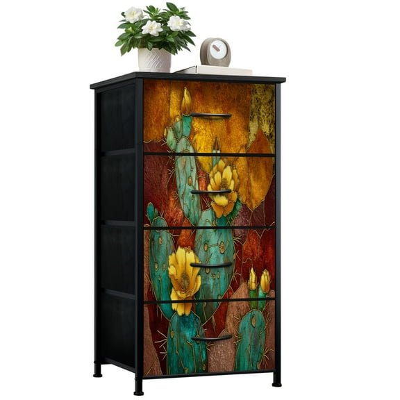 Stained Glass Style Dresser for Bedroom with 4 Storage Drawers Turquoise Cactus Golden Glow Dressers Chest of Drawers Steel Framed Fabric Closet Organizers for Nursery Entryway Housewarming Gift