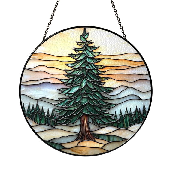 Stained Glass Style Evergreen Window Hanging – Nature Landscape Decor