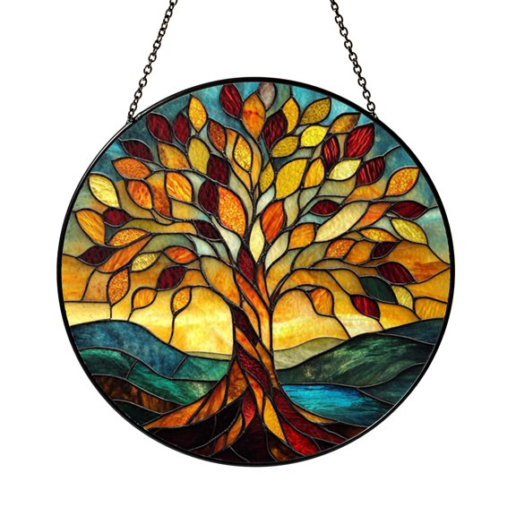 Stained Glass Style Fantasy Tree Window Suncatcher, Botanical Decorative Art Panel with Branch Design, Window Hanging Decor