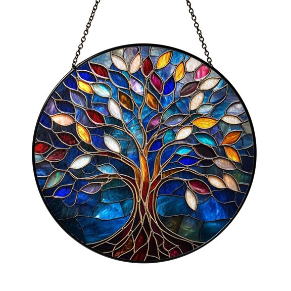Stained Glass Style Fantasy Tree Window Suncatcher, Botanical Decorative Art Panel with Golden Branch Design, Window Hanging Decor for Home