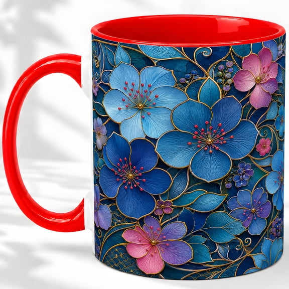 Stained Glass Style Floral Accent Mug, 11oz Ceramic Coffee Cup