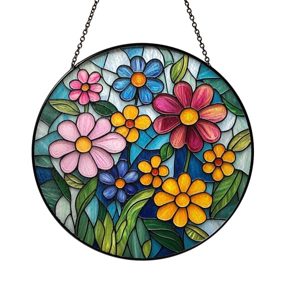 Stained Glass Style Floral Window Suncatcher with Copper Tone Frame