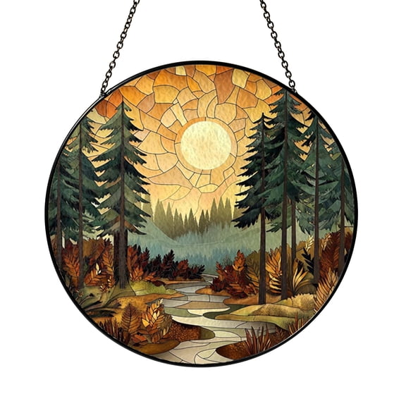 Stained Glass Style Forest Stream Window Suncatcher, Fantasy Nature Landscape Art Decor, Decorative Hanging