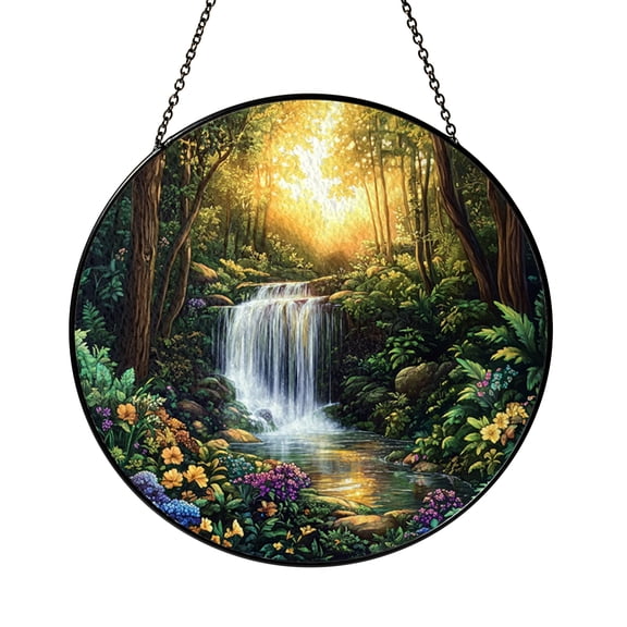 Stained Glass Style Forest Waterfall Window Suncatcher, Fantasy Nature Art Decor, Decorative Hanging
