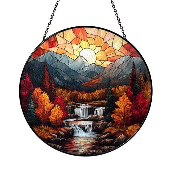 Stained Glass Style Forest Waterfall Window Suncatcher, Fantasy Wildlife Landscape Art Decor, Decorative Hanging