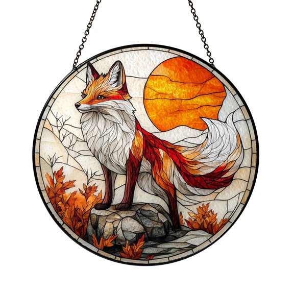 Stained Glass Style Fox Forest Suncatcher Window Hanging, Mystic Sunset Woodland Scene Home Window Decor