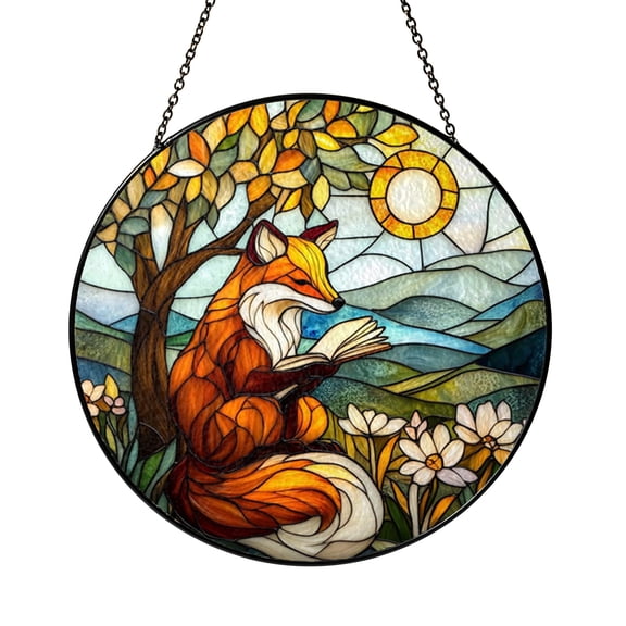 Stained Glass Style Fox Reading Panel, Decorative Window Hanging for Whimsical and Home Decor Themes