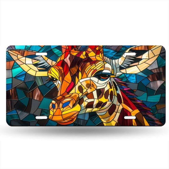 Stained Glass Style Giraffe With Long Neck Decorative Signboard, Decorative Metal Plate with 4 Holes, 6x12inch Artistic Plate Frame