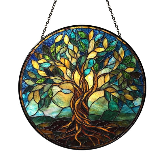 Stained Glass Style Green Tree Window Suncatcher, Nature Inspired Hanging Decor, Decorative Tree Art Panel for Living Room Window, Botanical Glass Style Ornament for Home Interior Accent
