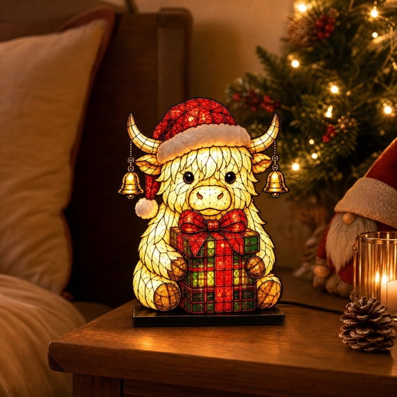 Stained Glass Style Highland Cow Lamp, Vintage Christmas Acrylic 3D Animal Night Light for Home Office Bedroom Living Room Desk Decor