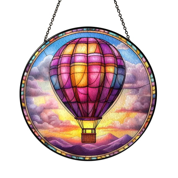 Stained Glass Style Hot Air Balloon Suncatcher, Colorful Sky Scene Window Hanging for Travel Lovers Home Decor