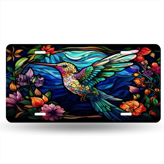Stained Glass Style Hummingbird In The Flowers Decorative Signboard, Decorative Metal Plate with 4 Holes, 6x12inch Artistic Plate Frame