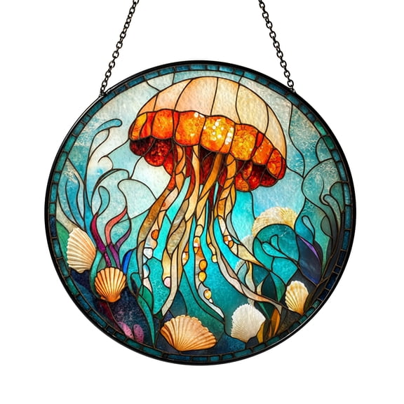 Stained Glass Style Jellyfish Window Suncatcher, Fantasy Ocean Art Decor, Decorative Hanging