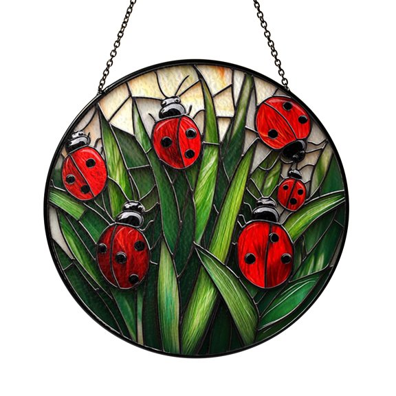 Stained Glass Style Ladybug Window Hanging, Lively Garden Art Decor for Bright Interior Windows