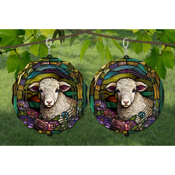 Stained Glass Style Lamb 10 Inch Metal Wind Spinner, 3D Kinetic Outdoor Hanging Garden Decor for Yard Patio, Gift for Women and Men