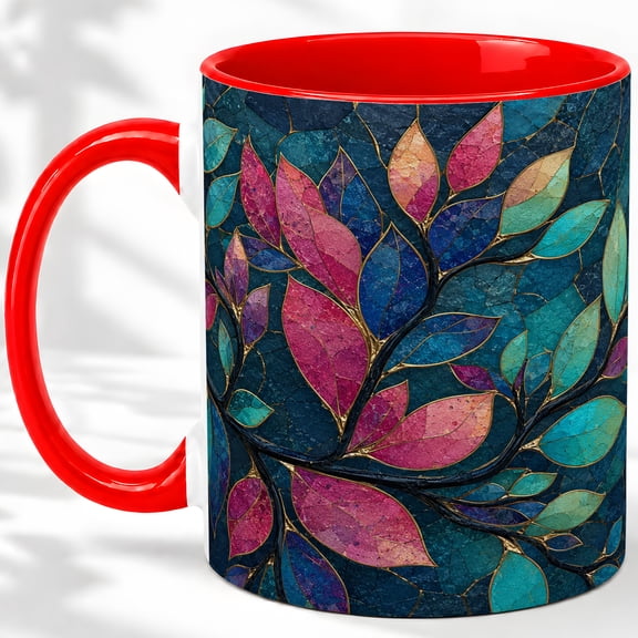Stained Glass Style Leaf Accent Mug, 11oz Ceramic Coffee Cup