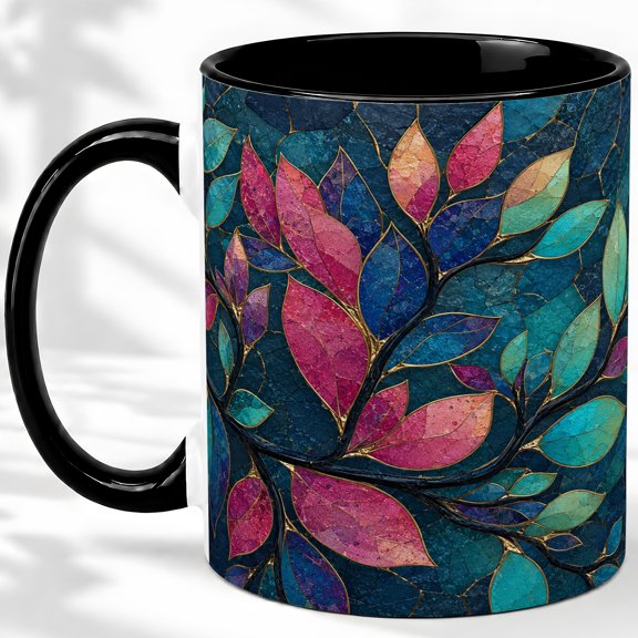 Stained Glass Style Leaf Accent Mug, 11oz Ceramic Coffee Cup
