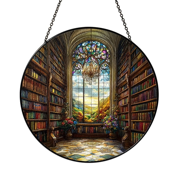 Stained Glass Style Library Window Panel, Decorative Literary Art for Cozy Homes and Reading Inspired Decor