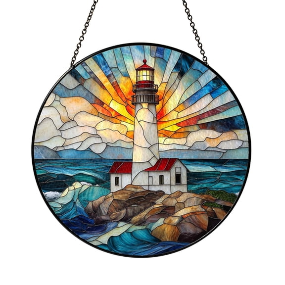 Stained Glass Style Lighthouse Window Hanging Coastal Decor