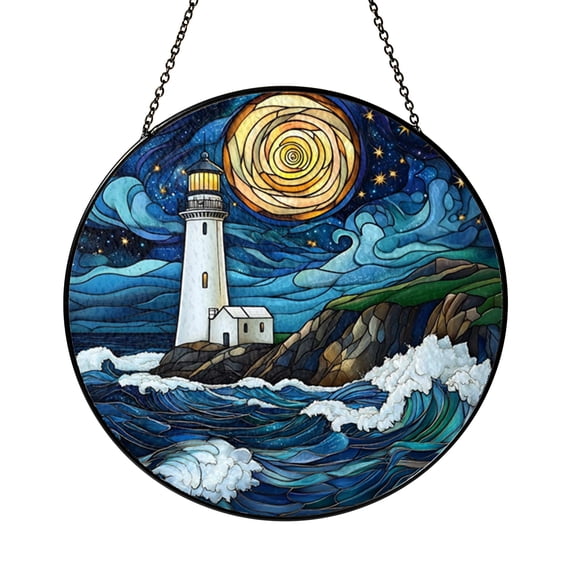 Stained Glass Style Lighthouse Window Suncatcher, Fantasy Coastal Art Decor, Decorative Hanging
