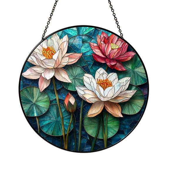 Stained Glass Style Lotus Pond Panel, Decorative Window Art for Garden Inspired and Natural Homes