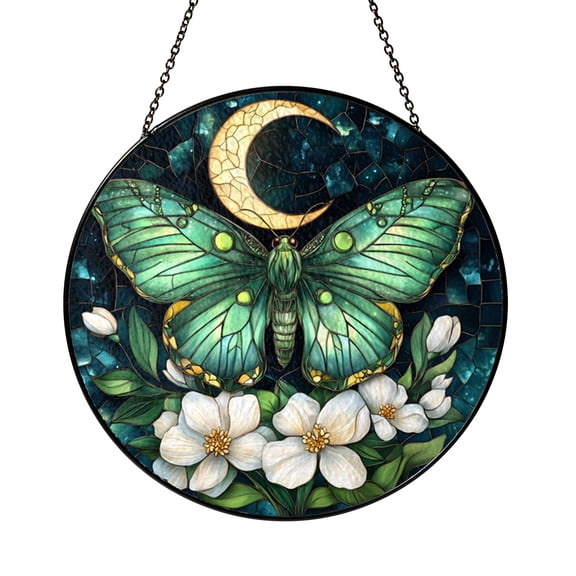 Stained Glass Style Luna Moth Suncatcher, Decorative Moon Window Hanging for Nature or Celestial Rooms