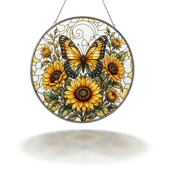 Stained Glass Style Monarch Butterfly and Sunflowers Round Suncatcher, Floral Faux Stained Glass Acrylic Window Hanging Art, Spring Summer Home Wall Decor