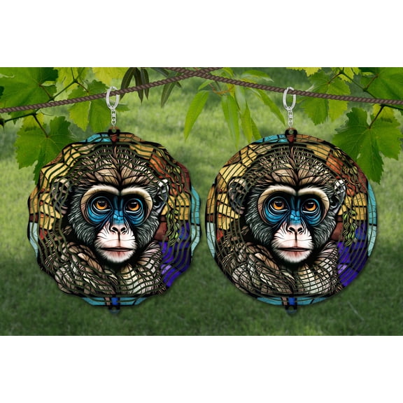 Stained Glass Style Monkey 10 Inch Metal Wind Spinner, 3D Kinetic Outdoor Hanging Garden Decor for Yard Patio, Gift for Women and Men