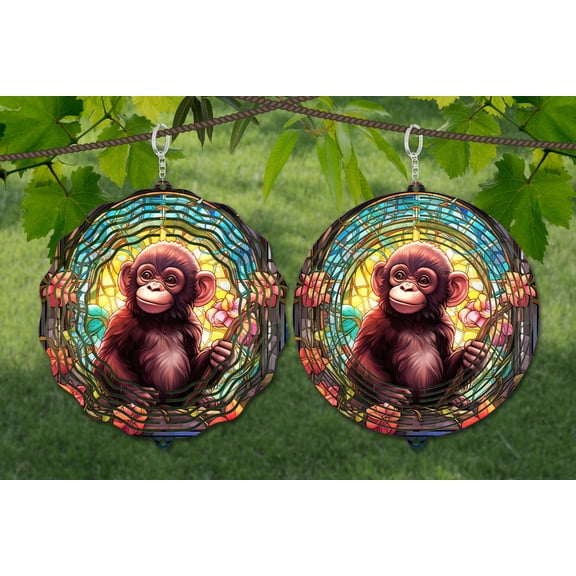 Stained Glass Style Monkey 10 Inch Metal Wind Spinner, 3D Kinetic Outdoor Hanging Garden Decor for Yard Patio, Gift for Women and Men