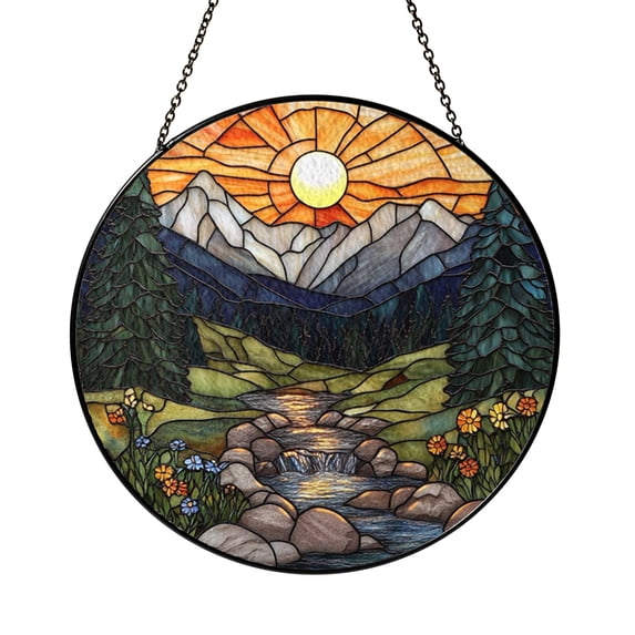 Tree Staining Stained Glass Style Mountain Sunset Cabin Ornament, Round Ceramic ...