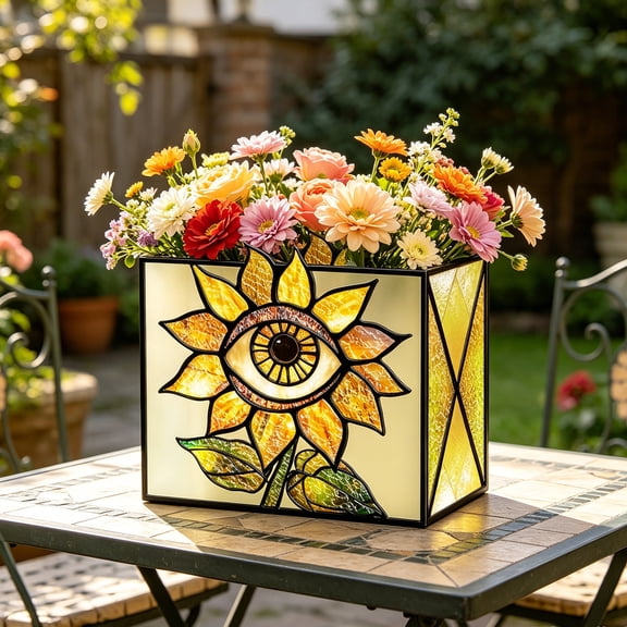 Stained Glass Style Mushroom Sunflower Desk Organizer, Multi-Purpose Pen Holder Mini Succulent Planter Storage Box