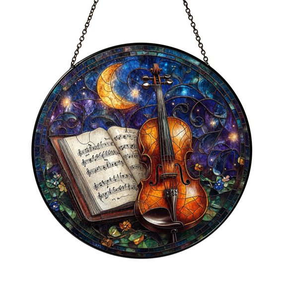 Stained Glass Style Music Suncatcher, Artistic Window Art Panel with Musical Theme