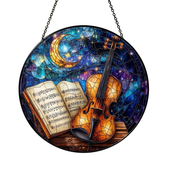 Stained Glass Style Music Window Suncatcher, Decorative Art Panel with Instrument and Note Theme, Window Hanging Decor