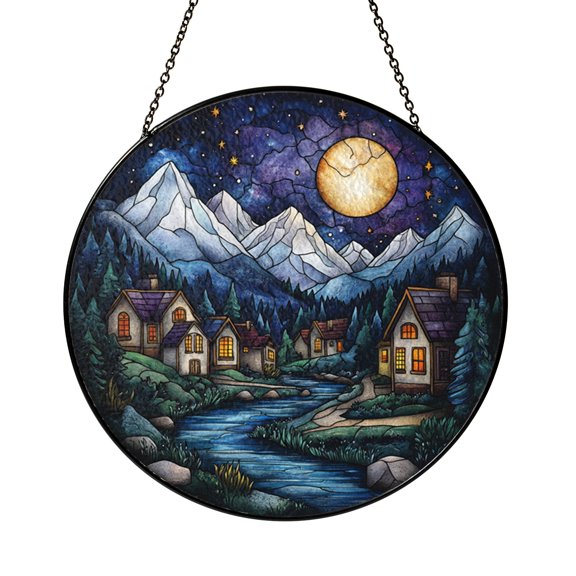 Stained Glass Style Night City Window Suncatcher, Fantasy Skyline Landscape Art Decor, Decorative Hanging