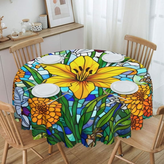 Stained-Glass Style Orchid And Lily Bouquet, Vibrant Floral Mosaic Round Tablecloth Waterproof Oil Proof Spill Proof Table Cloth 70" for Camping, Dining, Indoor and Outdoor Table Cover