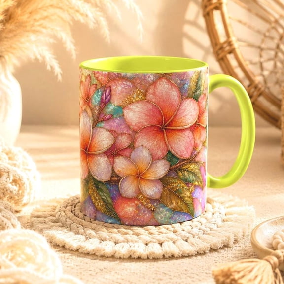 Stained Glass Style Plumeria Mug Tropical Frangipani Coffee Cup, Floral Gift For Her