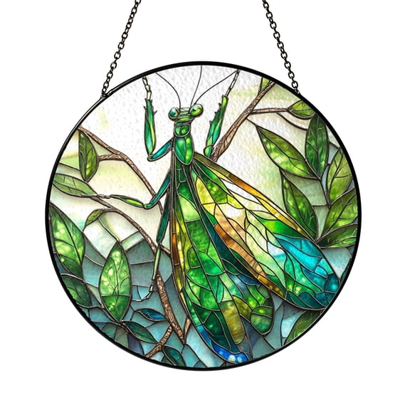 Stained Glass Style Praying Mantis Panel, Decorative Insect Window Hanging for Botanical Themes