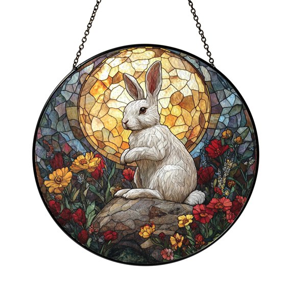 Stained Glass Style Rabbit Moon Suncatcher, Fantasy Animal Window Art Panel with Moon Theme, Decorative Hanging Ornament