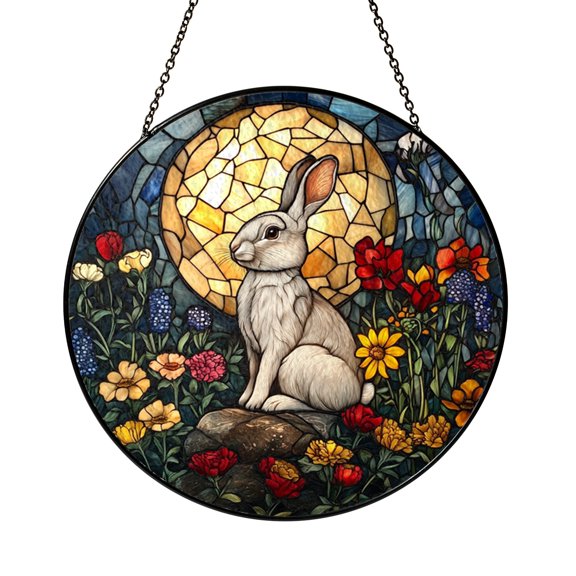 Stained Glass Style Rabbit Moon Window Suncatcher, Fantasy Nature Decorative Art Panel, Window Hanging Decor for Home