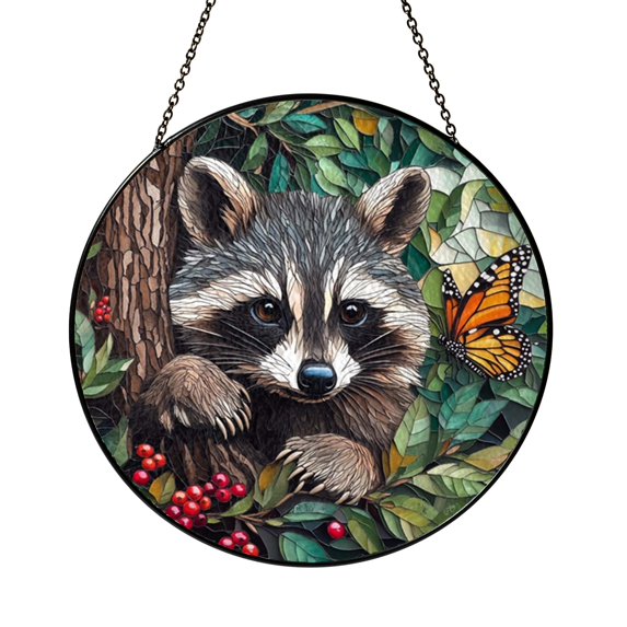 Stained Glass Style Raccoon Window Hanging – Rustic Nature Decor