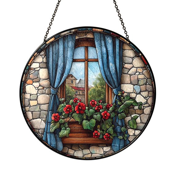 Stained Glass Style Red Geranium Flower Suncatcher, Elegant Garden Theme Decor