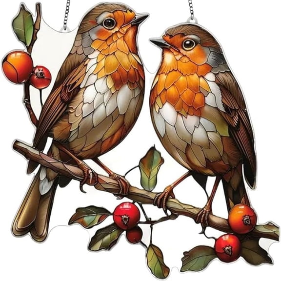 Stained Glass Style Robin Suncatcher, 7.87x7.87 Inch Acrylic Window Hanging With Metal Chain For Home Garden Patio, Colorful Sunlight Diffuser Ornament For Bird Lovers