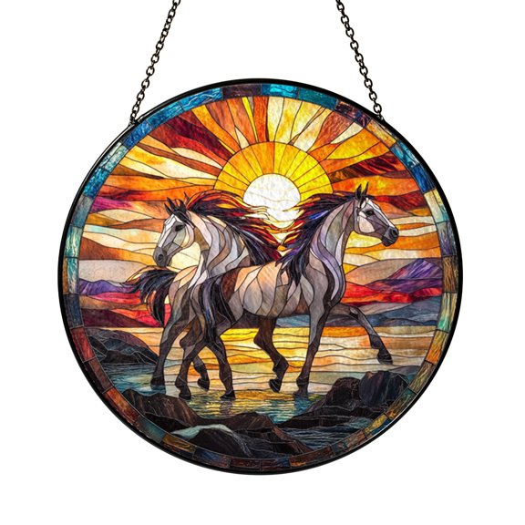 Stained Glass Style Running Horses Window Hanging – Equestrian Decor