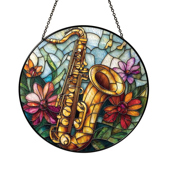 Stained Glass Style Saxophone Window Hanging – Musical Instrument Decor
