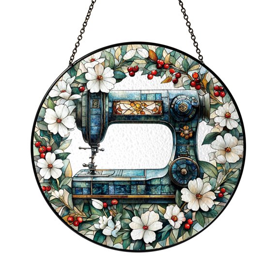 Stained Glass Style Sewing Machine Floral Panel, Decorative Window Hanging for Quilters and Sewers